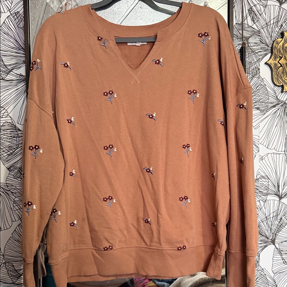 Maurices Women's Rust Floral Embroidered Crewneck Sweater